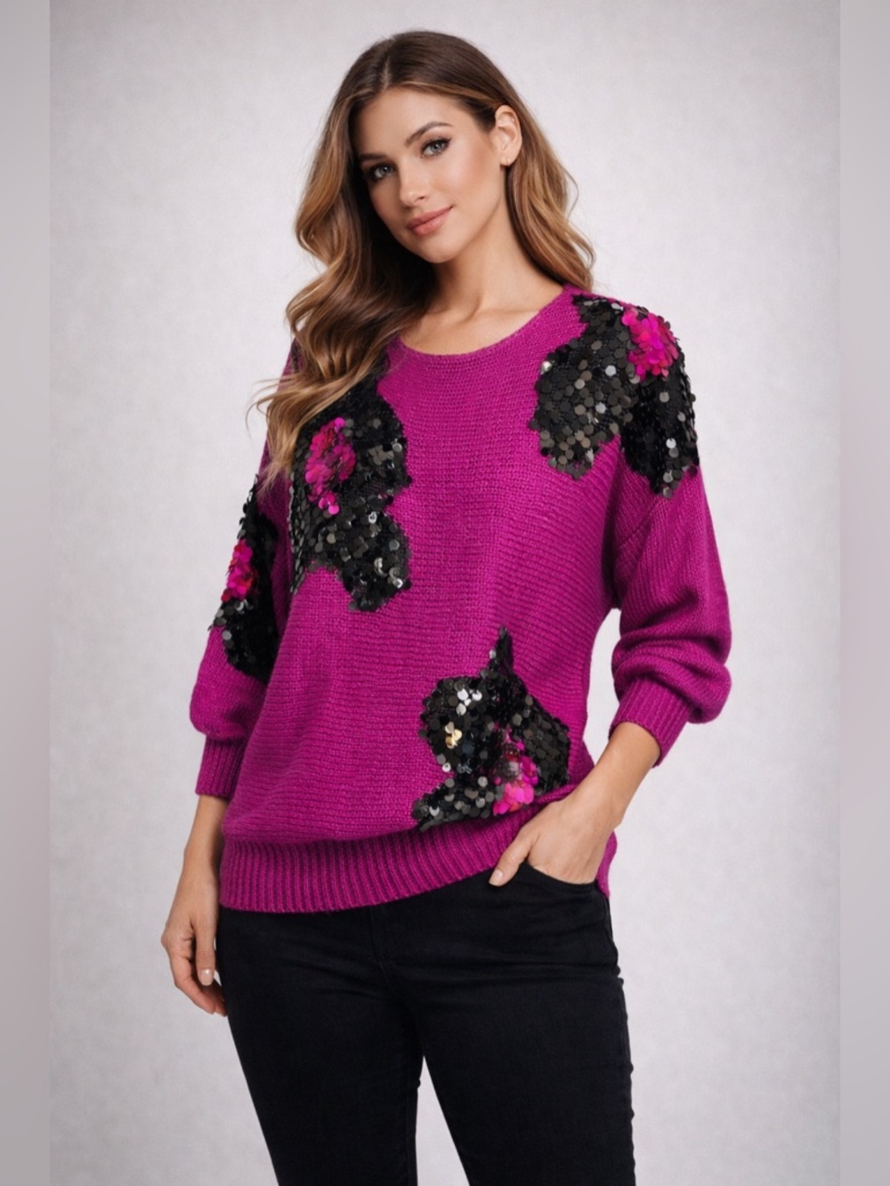 Vintage Lillie Rubin Knit Sweater Purple Floral Sequins Medium Rear
